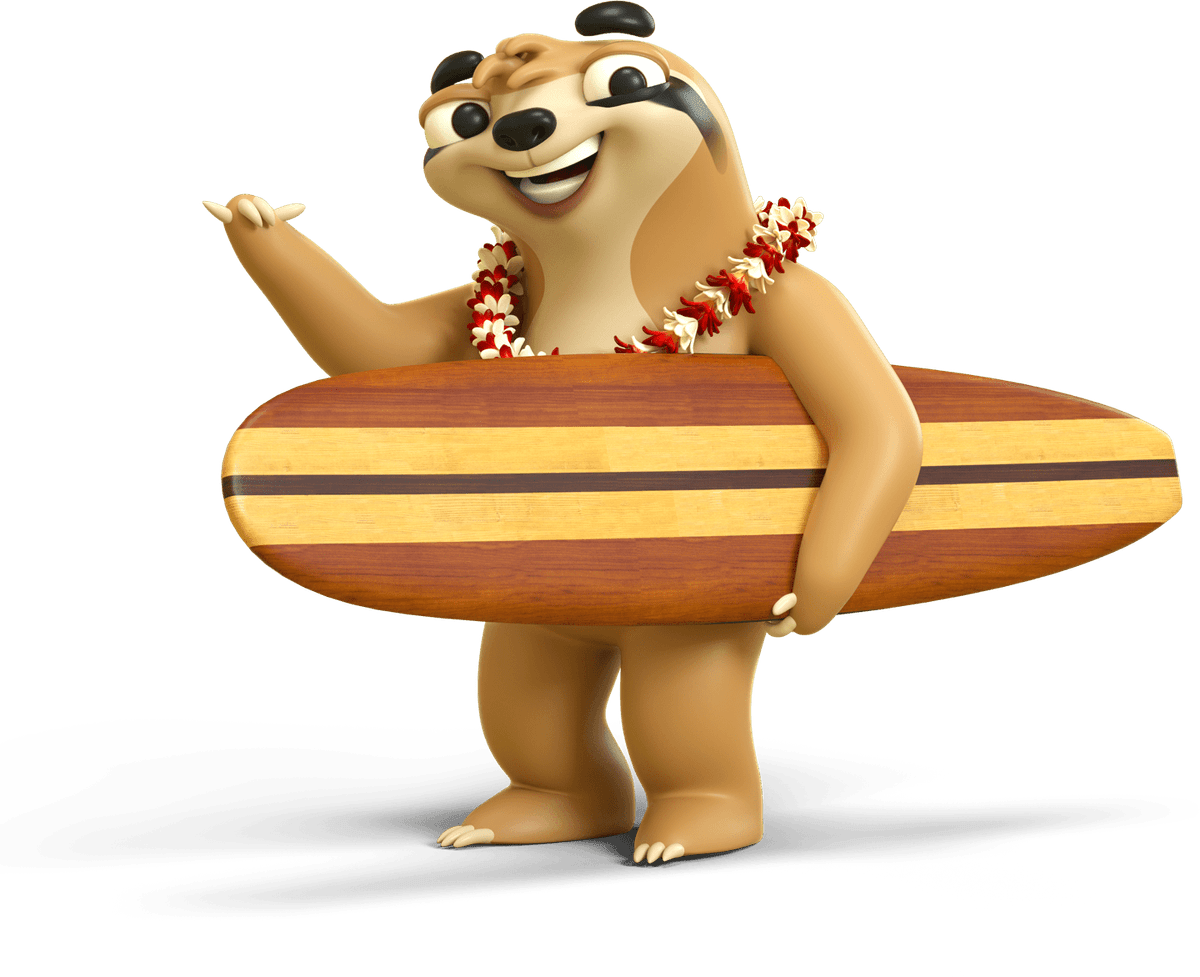 Slothy, the MyPayNow mascot, holding a surfboard