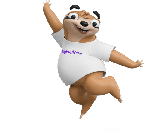 Slothy, the MyPayNow mascot, jumping with excitement