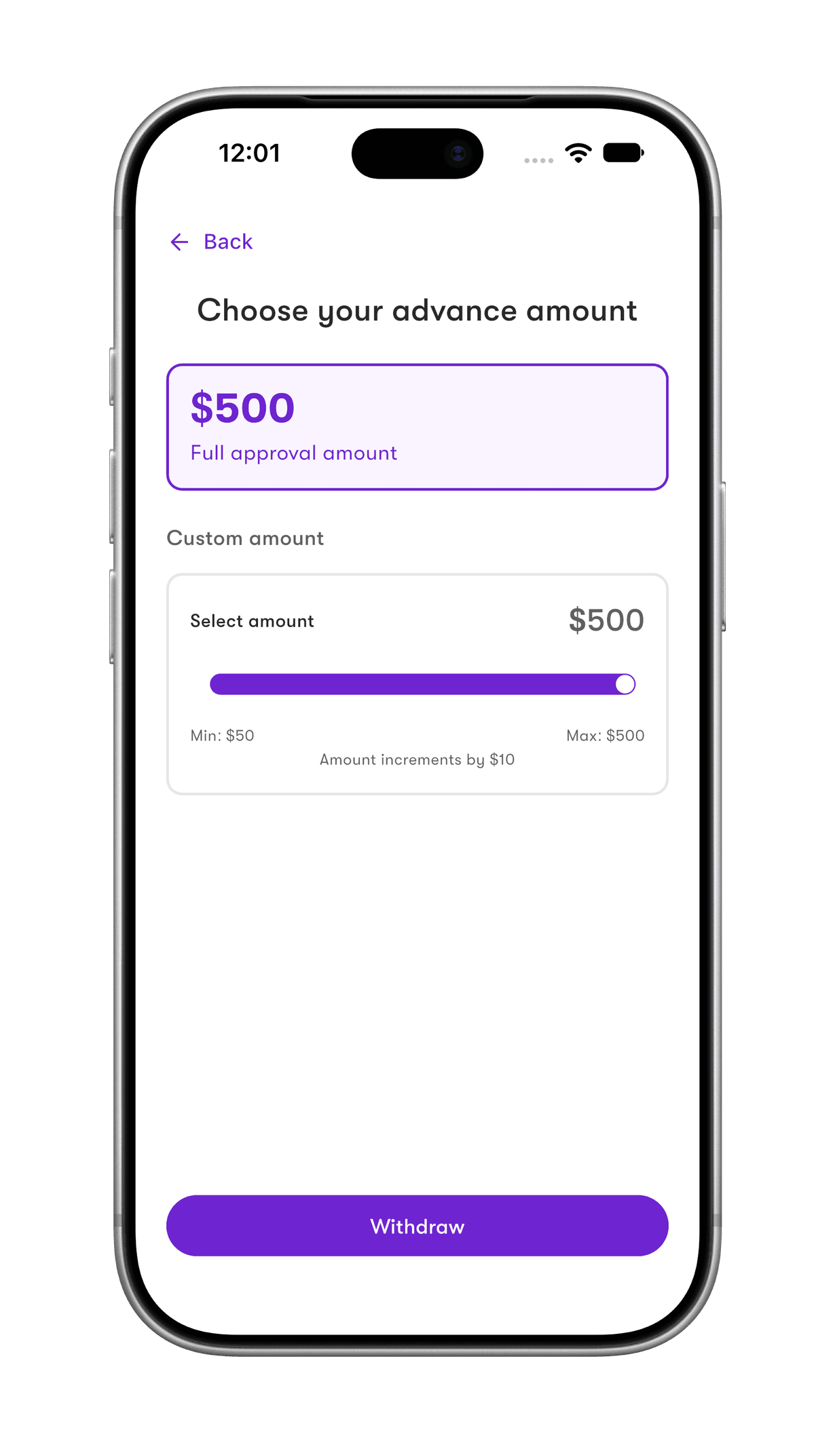 MyPayNow app — Choose your advance amount screen