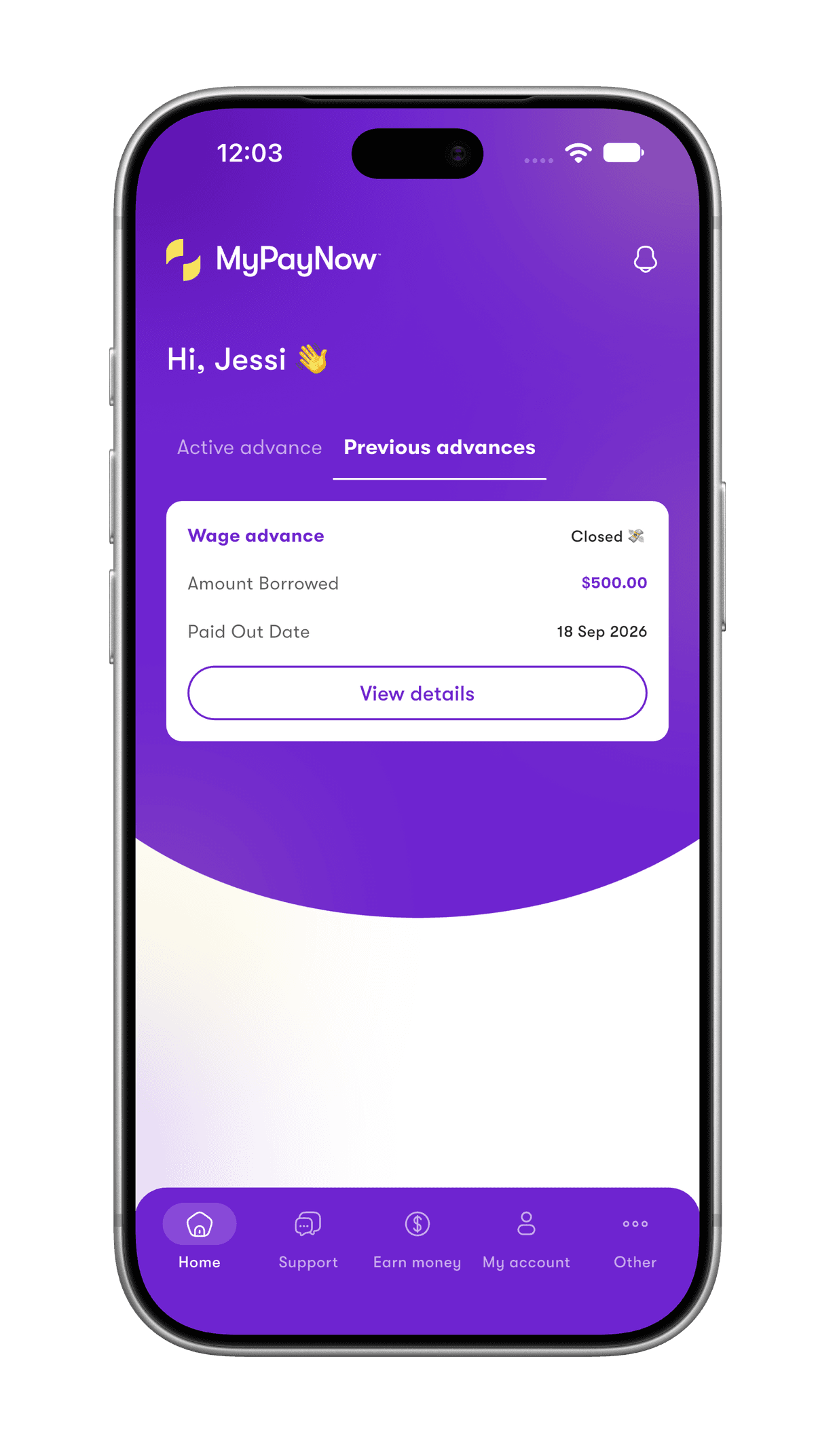 MyPayNow app — Home screen showing a previous advance, closed after repayment