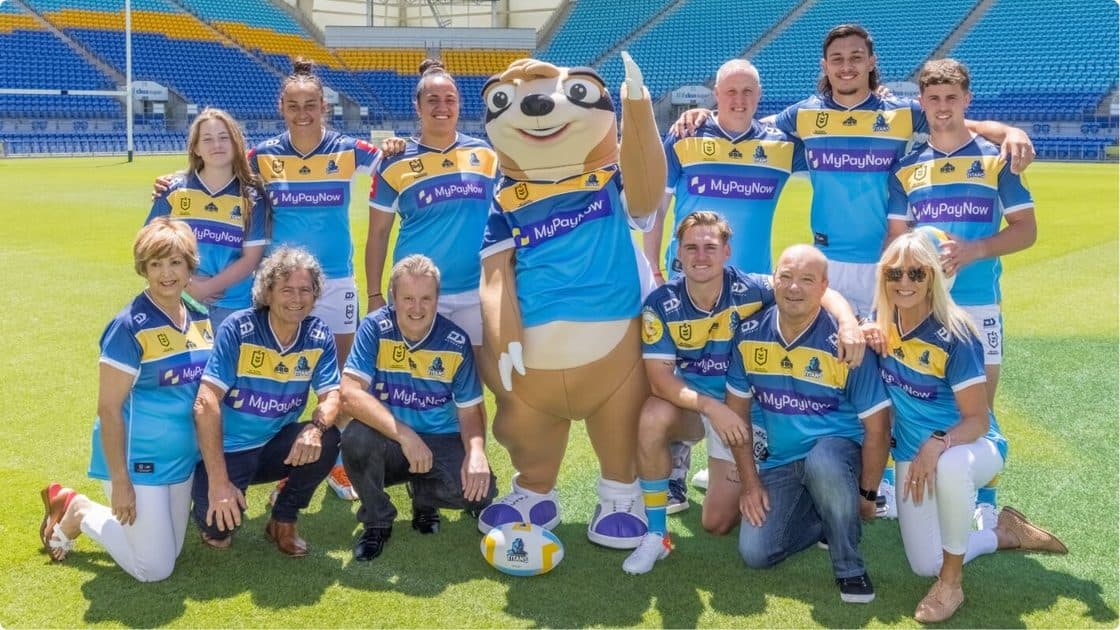 Slothy at the stadium with the Titans crowd