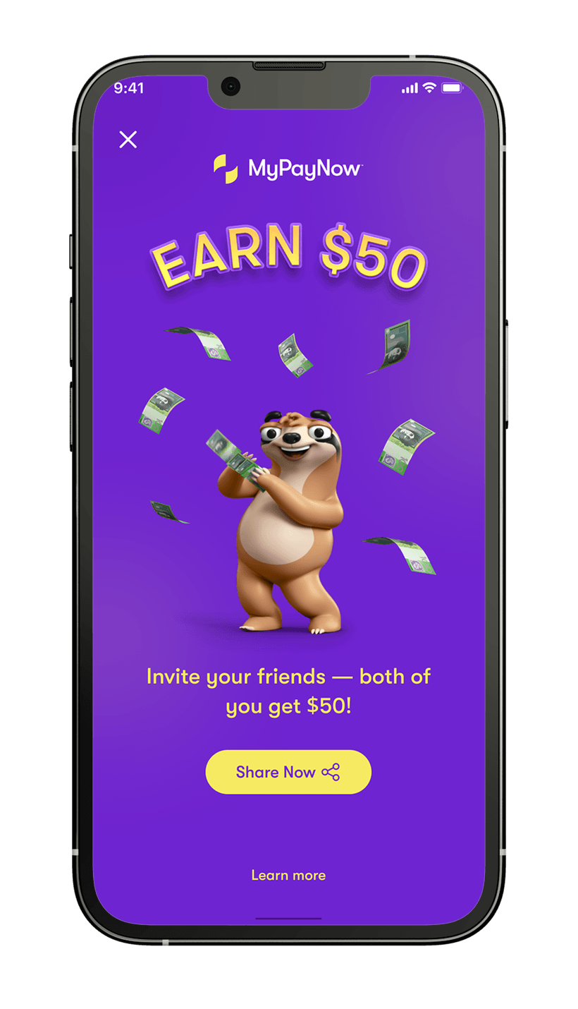 MyPayNow app — Earn $50 referral screen